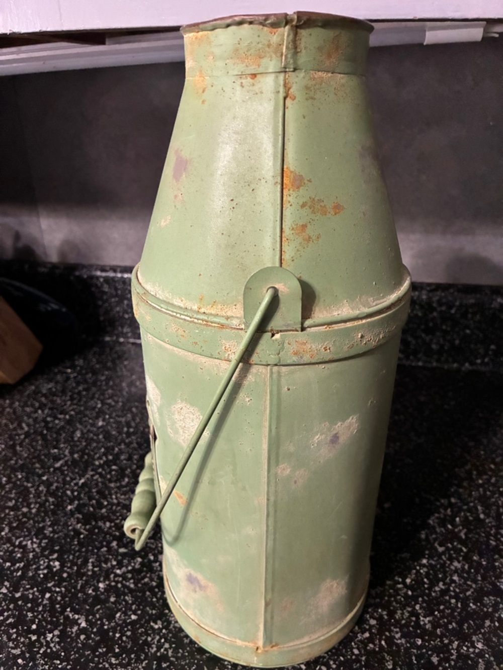 Vintage Green Metal Canister with Rustic French Emblem 13.5” x 5” - Picture 4 of 9